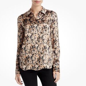 NEW Lafayette 148 NY Scottie Silk Long Sleeve Blouse Toffee Abstract Size L